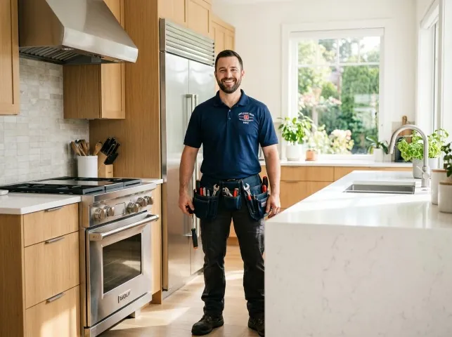 Appliance Repair Hero technician in a Biddeford, ME kitchen after an appliance repair