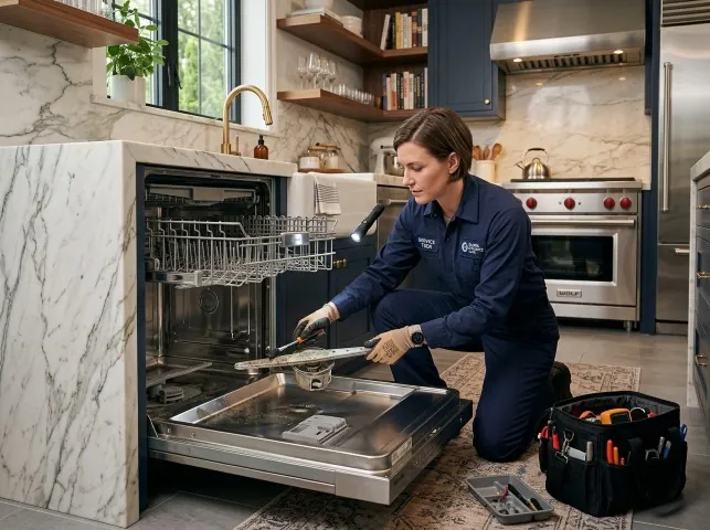 Appliance Repair Hero technician servicing a built-in dishwasher in a Biddeford, ME kitchen