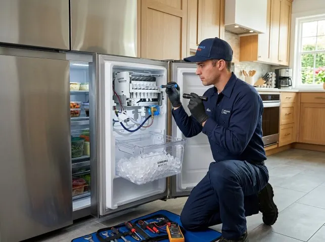 Appliance Repair Hero technician repairing a refrigerator ice maker in Biddeford, ME