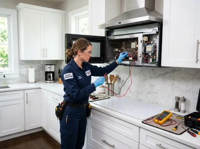 Appliance Repair Hero technician testing an over-the-range microwave in a Biddeford, ME kitchen