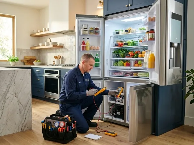 Appliance Repair Hero refrigerator technician testing a fridge on a Biddeford, ME service call